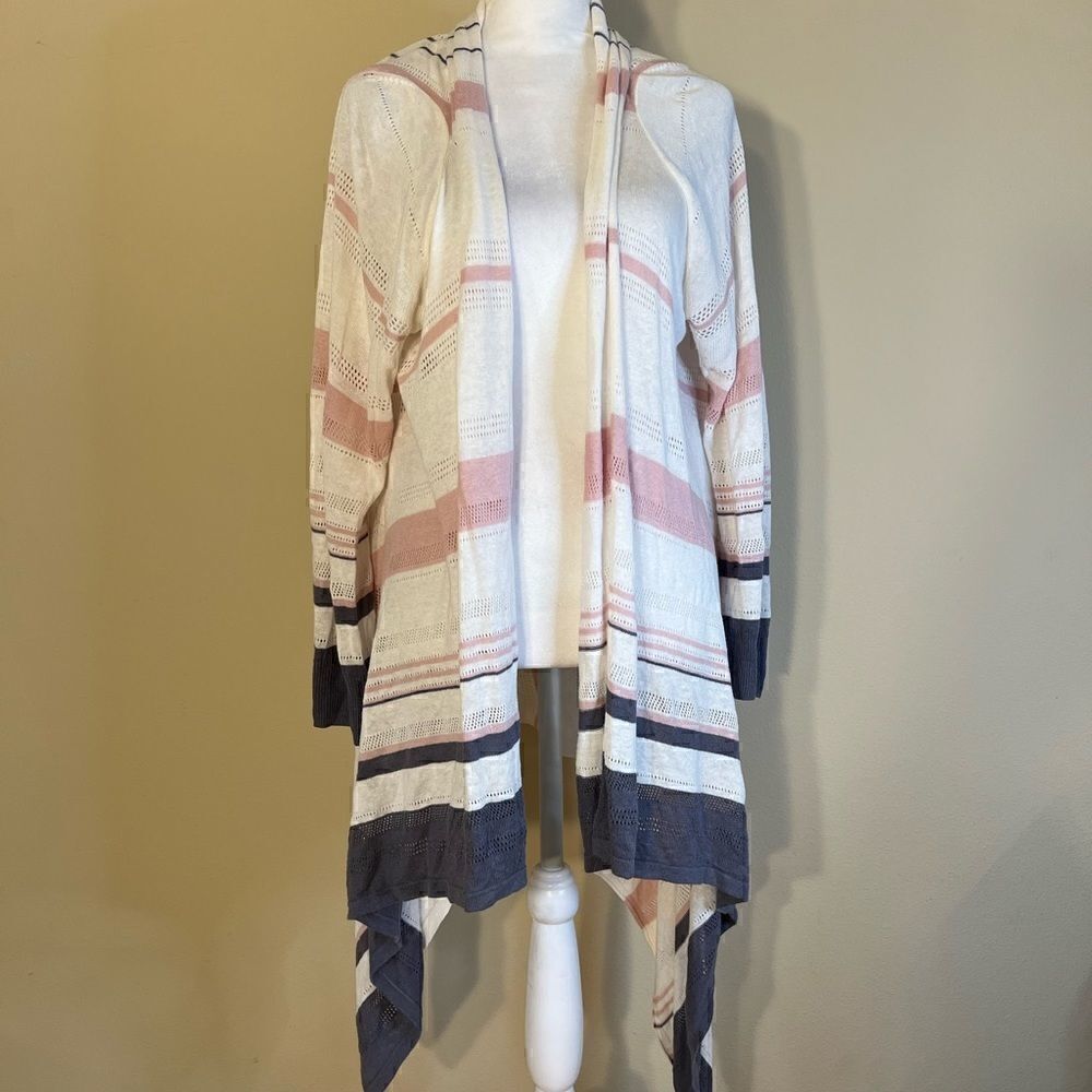 Rachel Zoe Ivory Pink Gray Striped Long Sleeve Open Front Knit Cardigan Large